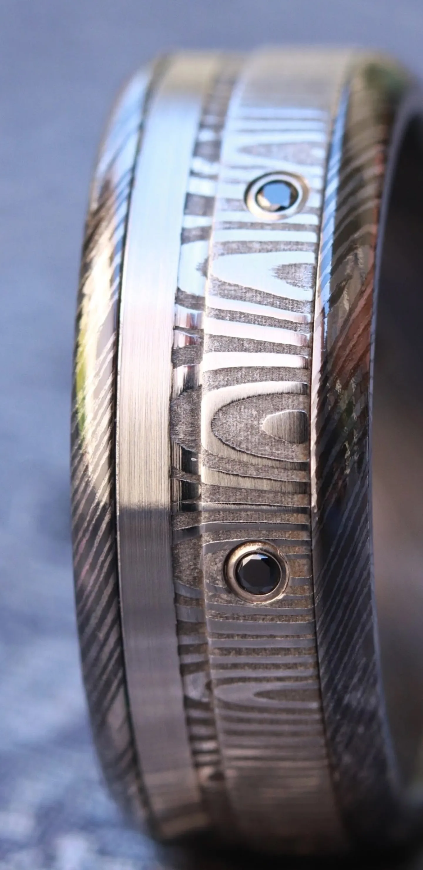 Black diamonds / grey diamonds and black titanium zrti & damasteel ring 9mm wide customizable