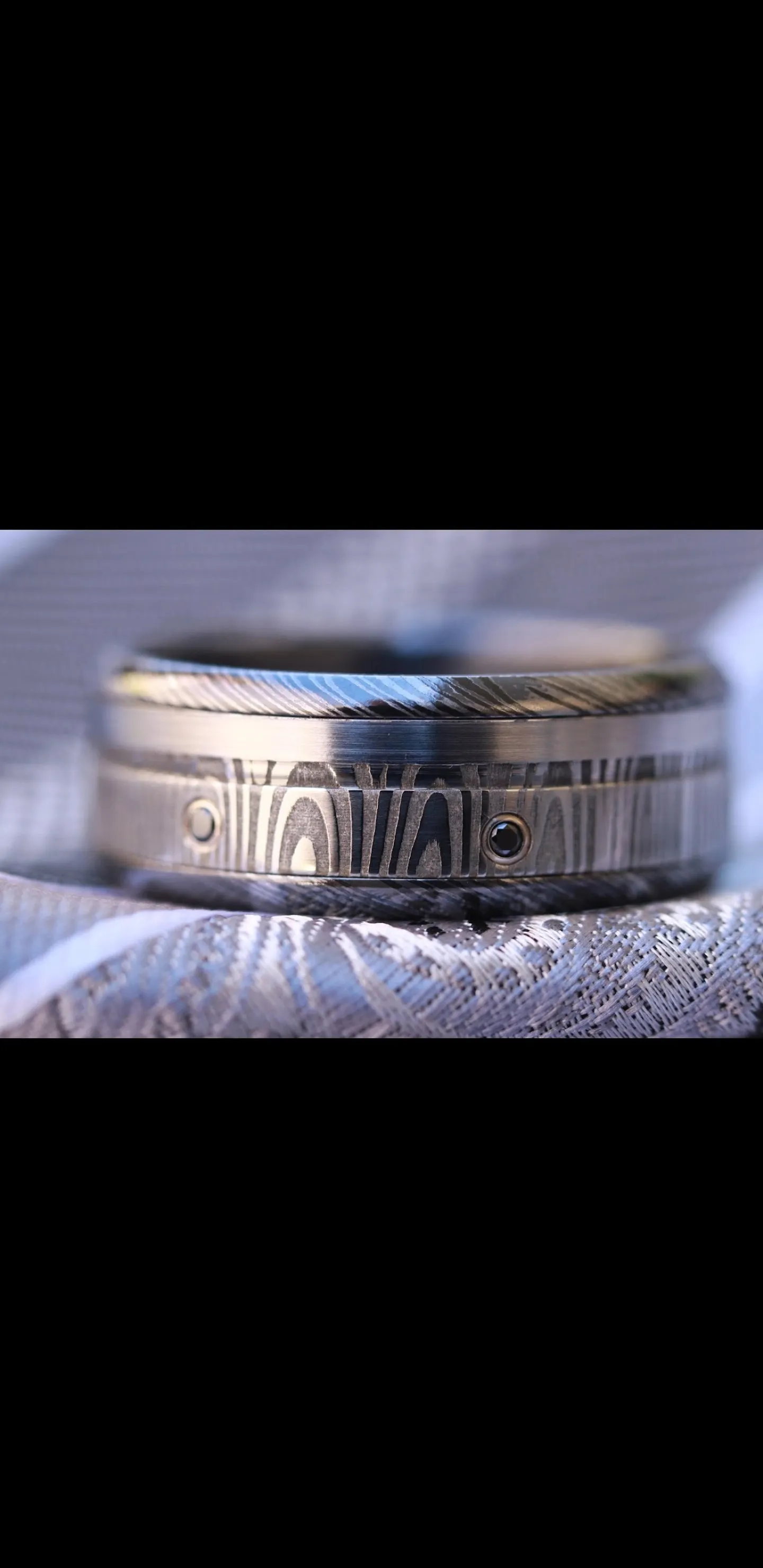 Black diamonds / grey diamonds and black titanium zrti & damasteel ring 9mm wide customizable