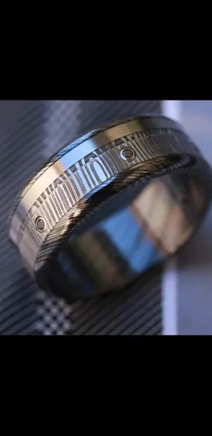 Black diamonds / grey diamonds and black titanium zrti & damasteel ring 9mm wide customizable