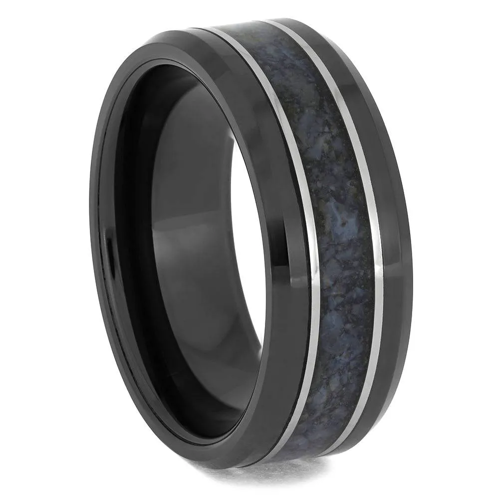Black Ring With Crushed Dinosaur Bone and Titanium Pinstripes