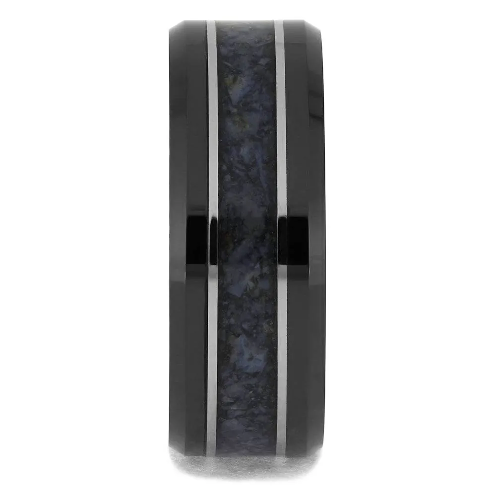 Black Ring With Crushed Dinosaur Bone and Titanium Pinstripes