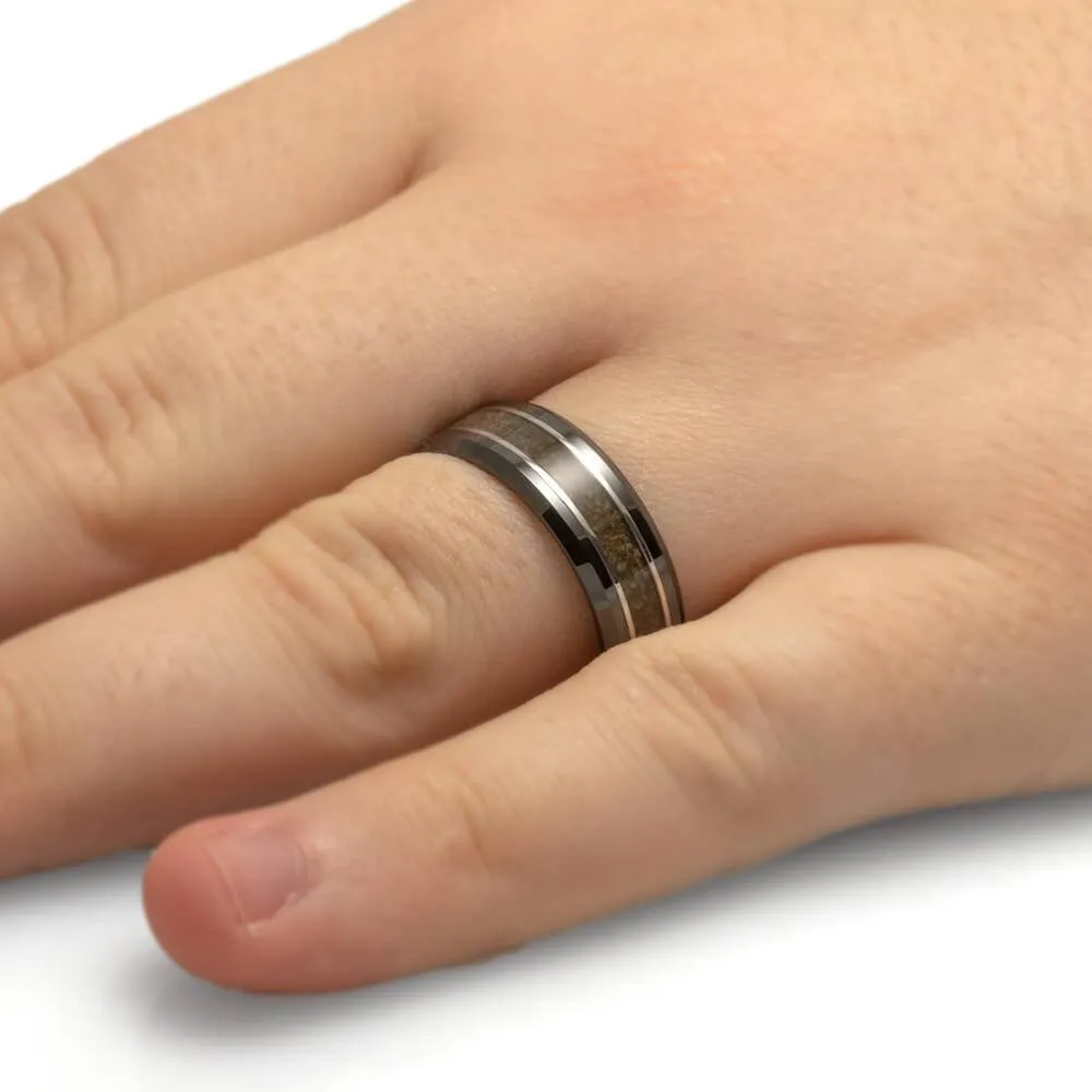 Black Ring With Crushed Dinosaur Bone and Titanium Pinstripes