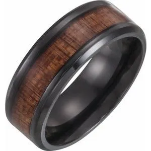 Black Titanium 8 mm Beveled-Edge Band with Wood Inlay Size 12