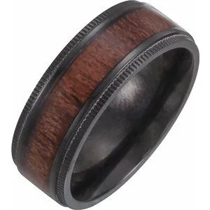 Black Titanium 8 mm Beveled-Edge Band with Wood Inlay Size 7.5