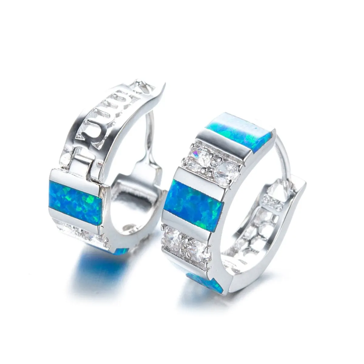 Blue Opal & Cubic Zirconia Huggie Earrings