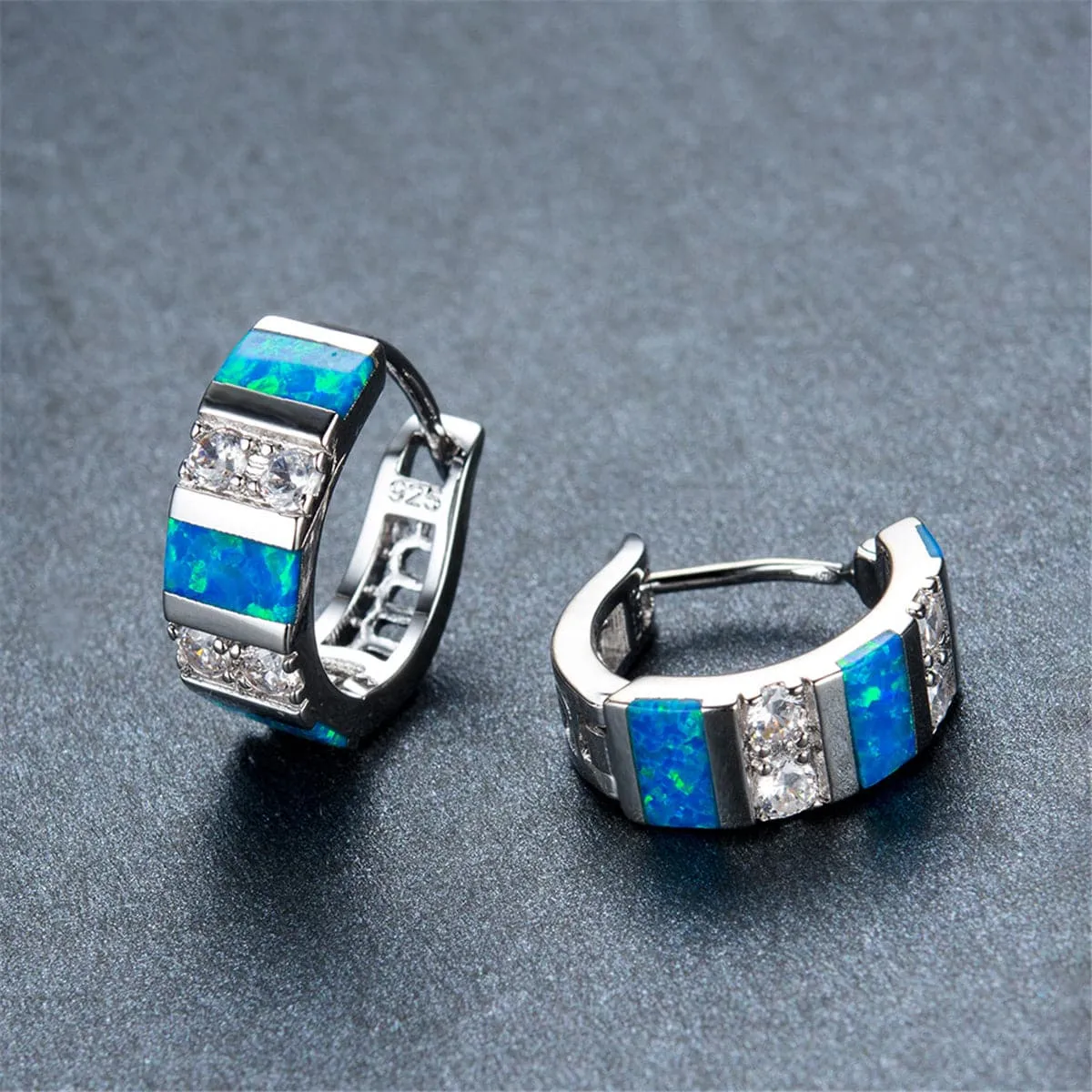 Blue Opal & Cubic Zirconia Huggie Earrings