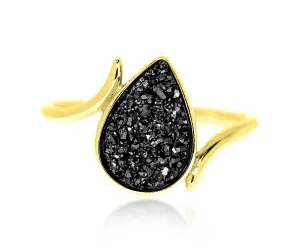 Bypass Teardrop Black Druzy 14K Gold Ring