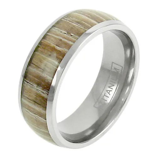 Charming Mirror Polished Titanium Ring with a Light Blonde Wood Grain Inlay Band.