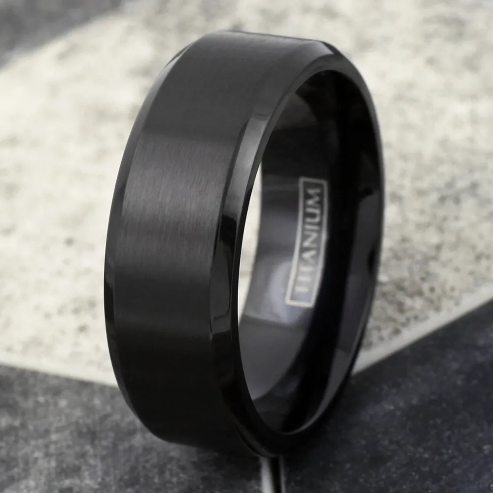 Classic Black Ion Plated Titanium Ring with Satin Finish Center Band and Beveled Edges.