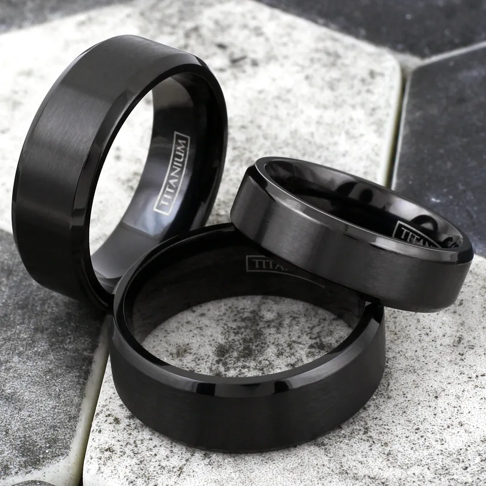 Classic Black Ion Plated Titanium Ring with Satin Finish Center Band and Beveled Edges.