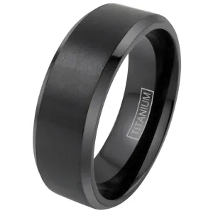Classic Black Ion Plated Titanium Ring with Satin Finish Center Band and Beveled Edges.