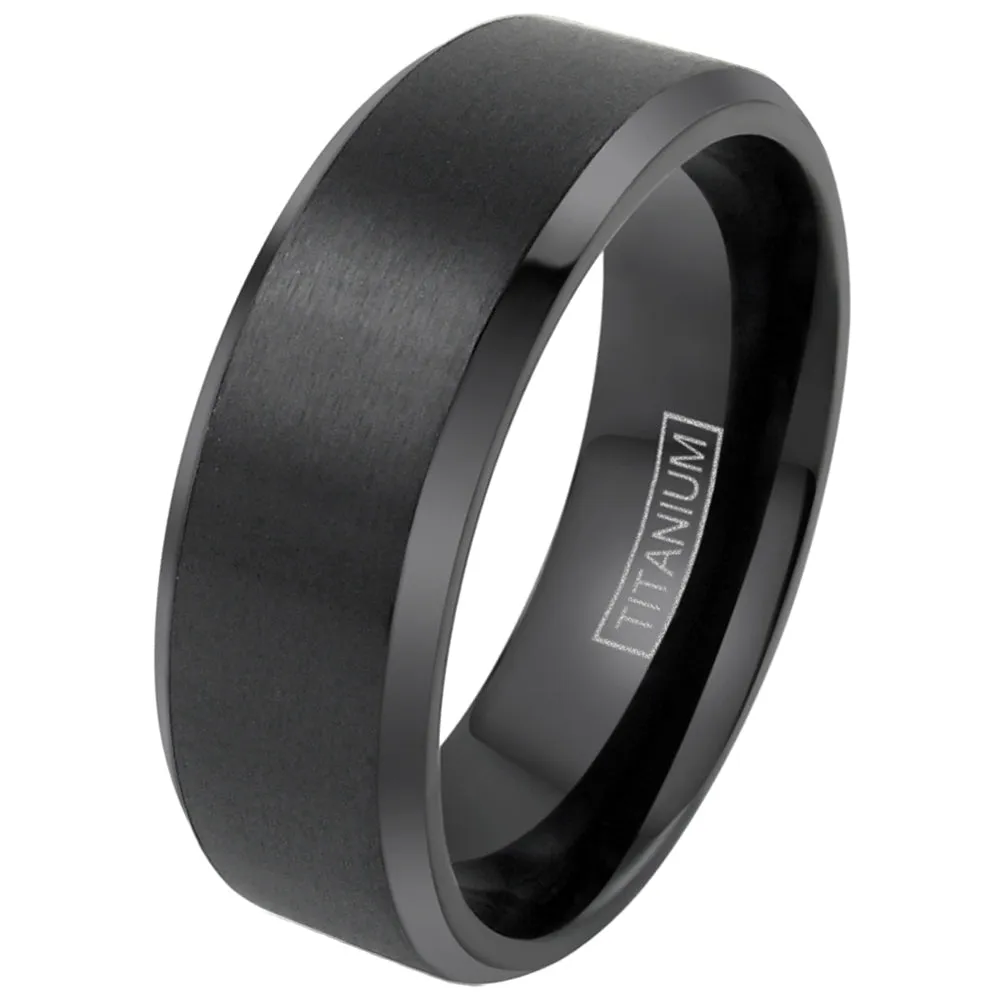 Classic Black Ion Plated Titanium Ring with Satin Finish Center Band and Beveled Edges.