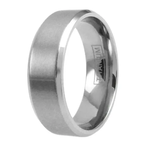 Classic Silver-Tone Titanium Ring with Satin Finish Center Band and Beveled Edges.