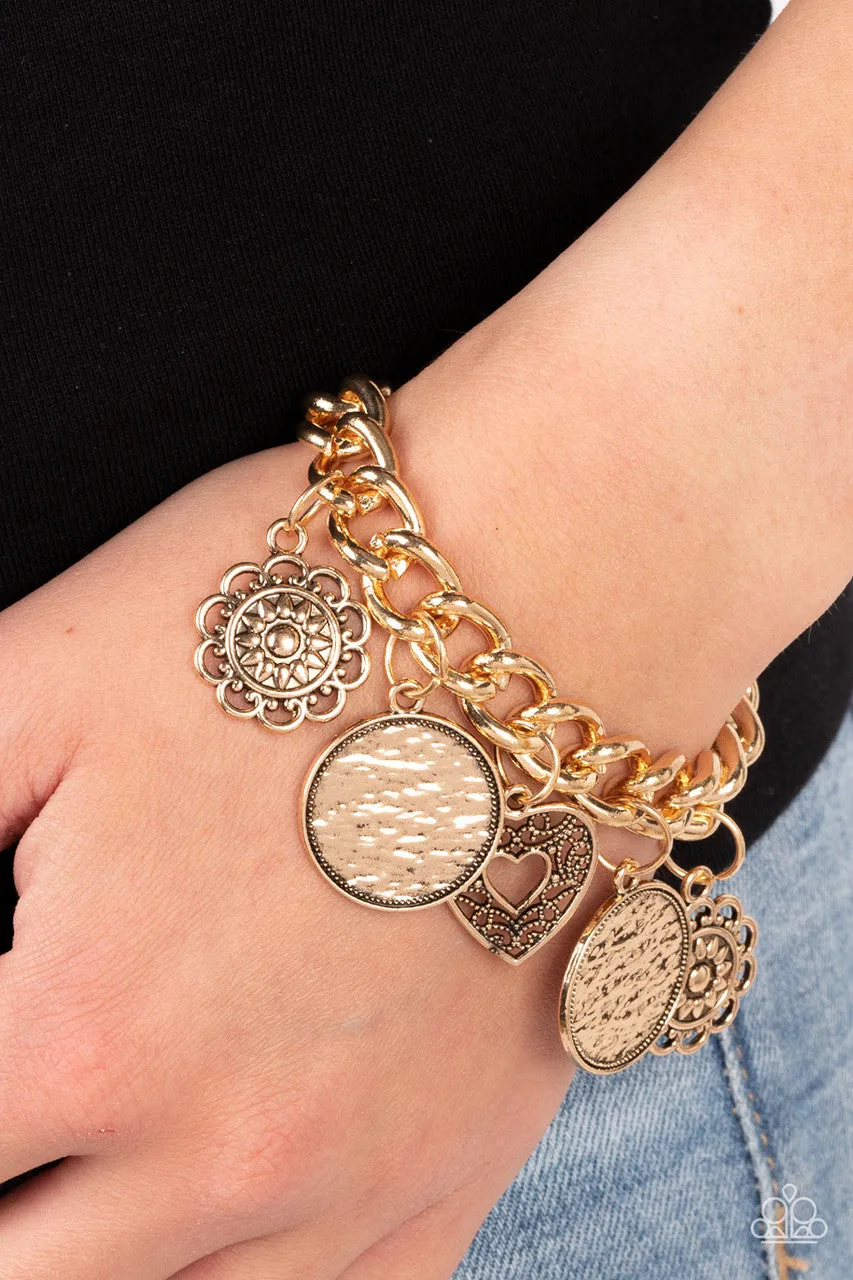 Complete CHARM-ony - Gold - Heart Flower Disc Paparazzi Lobster Claw Bracelet