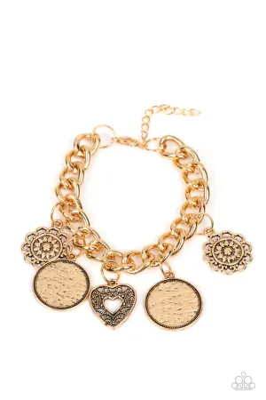 Complete CHARM-ony - Gold - Heart Flower Disc Paparazzi Lobster Claw Bracelet