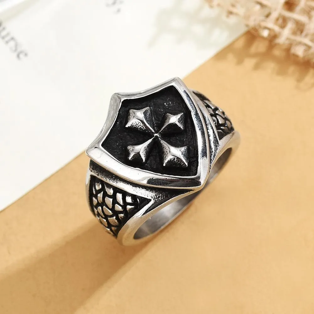 Cross-border European And American Retro Titanium Steel Ring Crusader Flower Shield Finger Ring Punk Stainless Steel Ring Jewelry Jewelry Batch