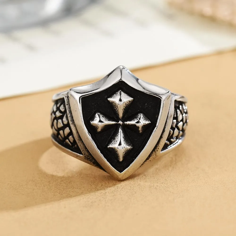 Cross-border European And American Retro Titanium Steel Ring Crusader Flower Shield Finger Ring Punk Stainless Steel Ring Jewelry Jewelry Batch
