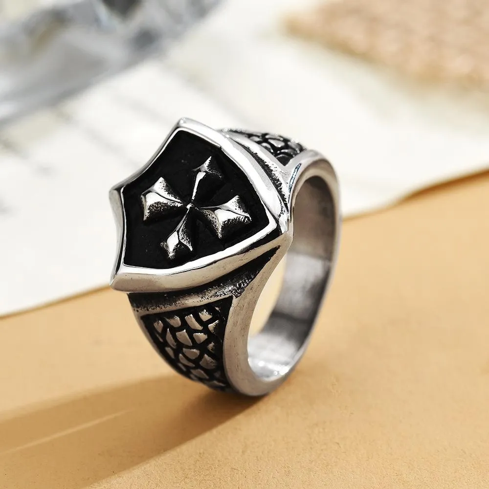 Cross-border European And American Retro Titanium Steel Ring Crusader Flower Shield Finger Ring Punk Stainless Steel Ring Jewelry Jewelry Batch