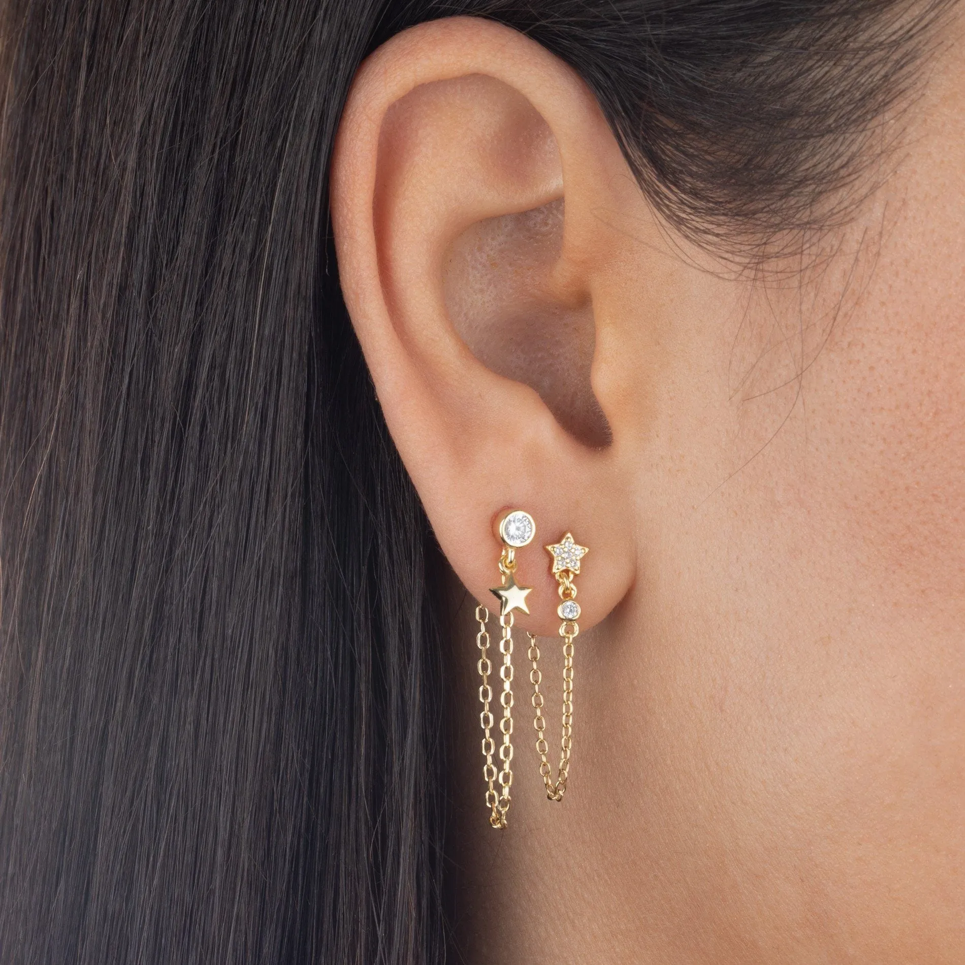 CZ Star Chain Drop Stud Earring