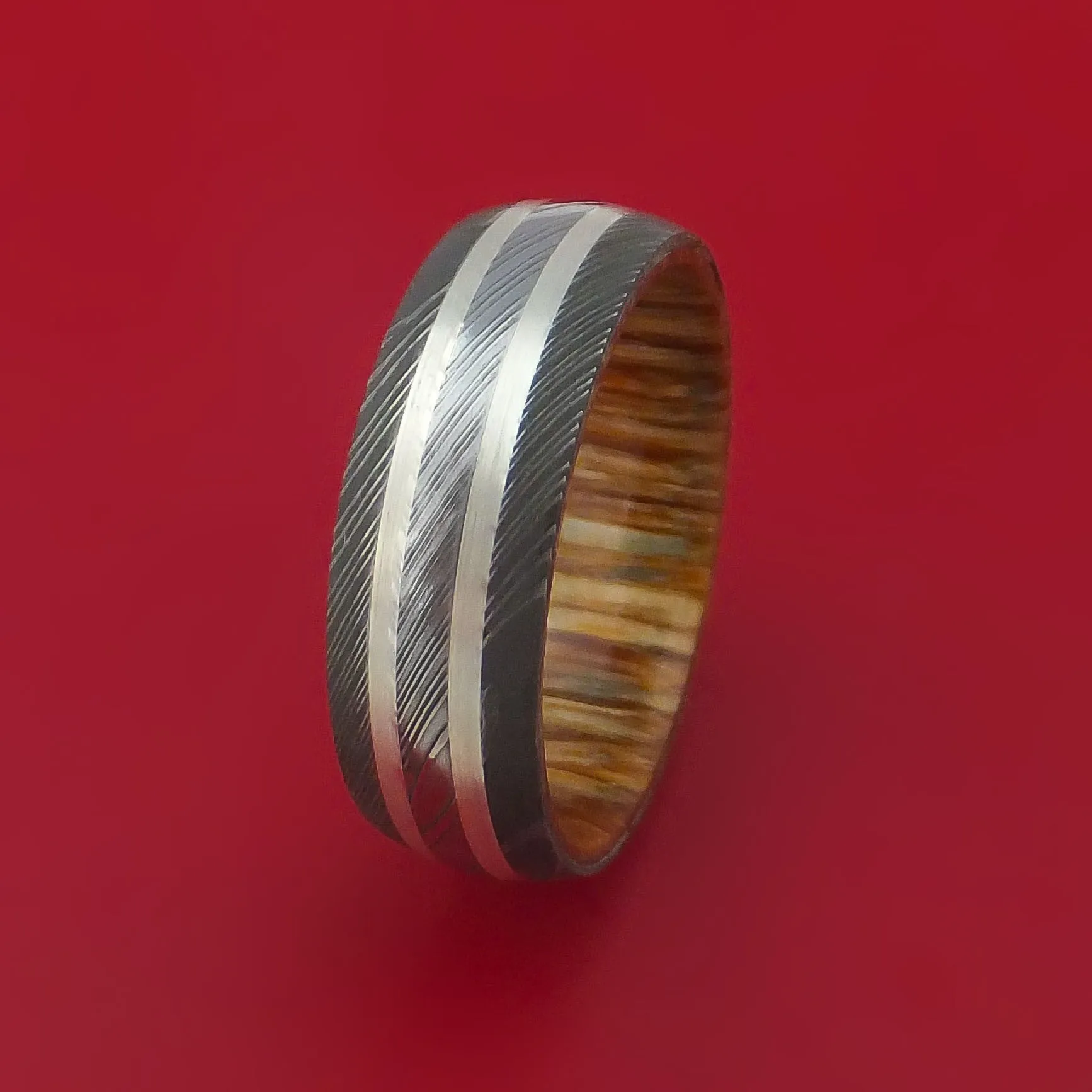 Damascus Steel Ring with Palladium Silver Inlay and Interior Hardwood Sleeve Custom Made Band