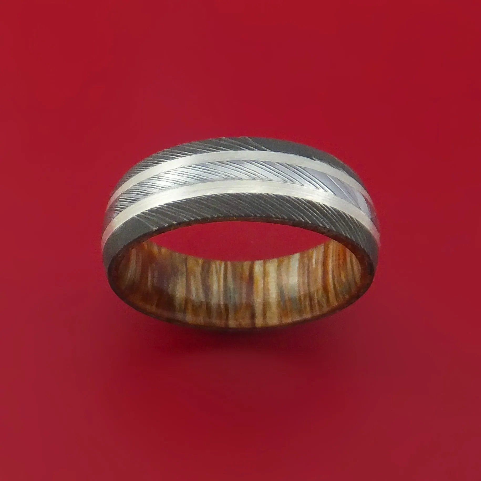 Damascus Steel Ring with Palladium Silver Inlay and Interior Hardwood Sleeve Custom Made Band