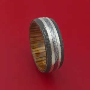 Damascus Steel Ring with Palladium Silver Inlay and Interior Hardwood Sleeve Custom Made Band