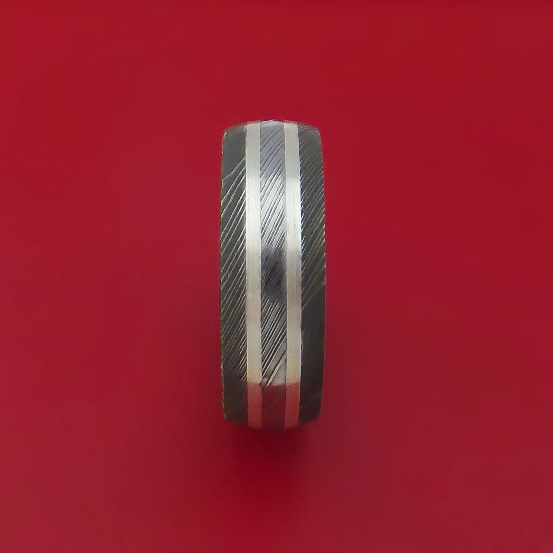 Damascus Steel Ring with Palladium Silver Inlay and Interior Hardwood Sleeve Custom Made Band