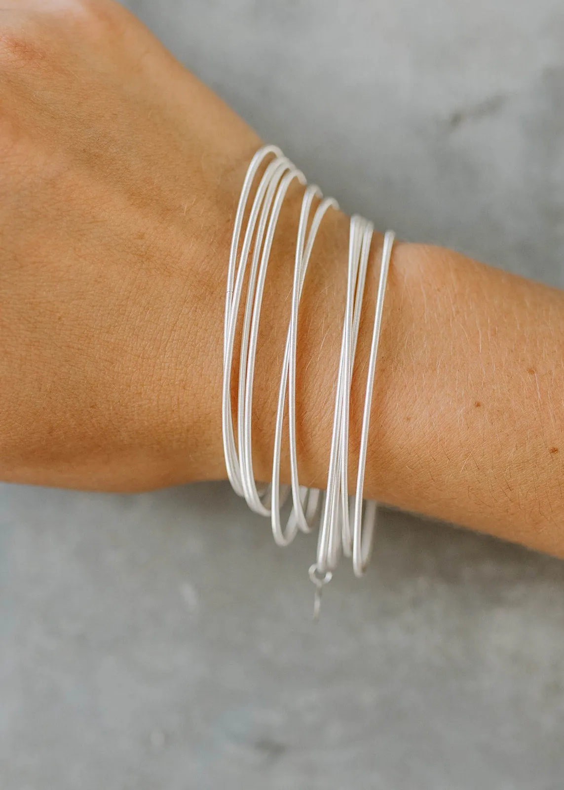 Dia Stainless Steel Spring Bangle Bracelets - Sterling Silver Set