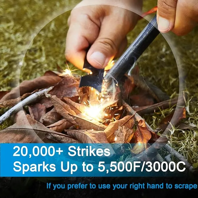 Ferro Rods 1/2 inch x 6 inch, Premium Ferro Rod Fire Starter Survival Tool, Flint and Steel Fire Starter Kit, 20,000  Strikes, Large and Thick Ferro Rod with Paracord & Multi-Tool Striker.