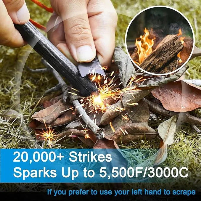 Ferro Rods 1/2 inch x 6 inch, Premium Ferro Rod Fire Starter Survival Tool, Flint and Steel Fire Starter Kit, 20,000  Strikes, Large and Thick Ferro Rod with Paracord & Multi-Tool Striker.