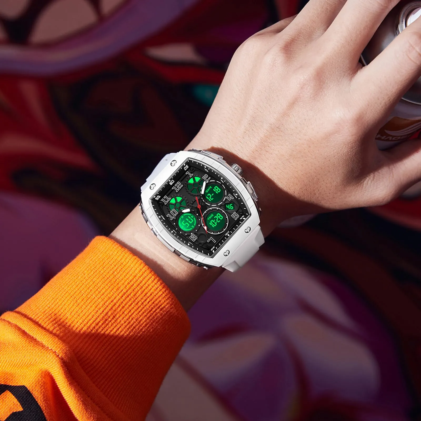 Findtime Designer Watches for Men Unique Rectangle Dial White Wristwatch with Digital Analog Dual Time Display  Punk Cool Design -6157