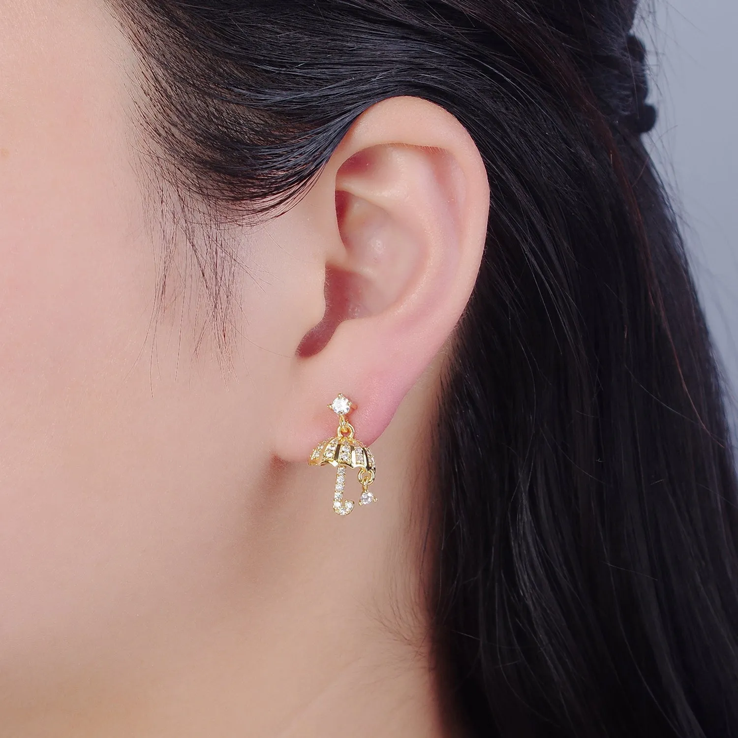 Flying Umbrella Gold Earring Dangle Stud T-400