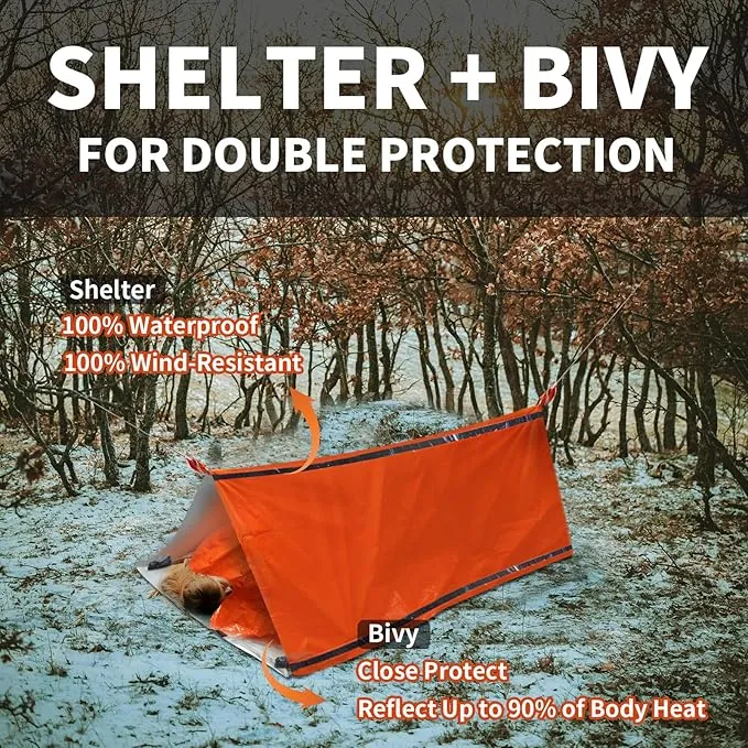 Frelaxy Emergency Tent Emergency Sleeping Bag Set, Survival Shelter & Emergency Bivy with Whistles, Paracord, Storage Pouches, and EVA Case, Perfect for Survival Kits