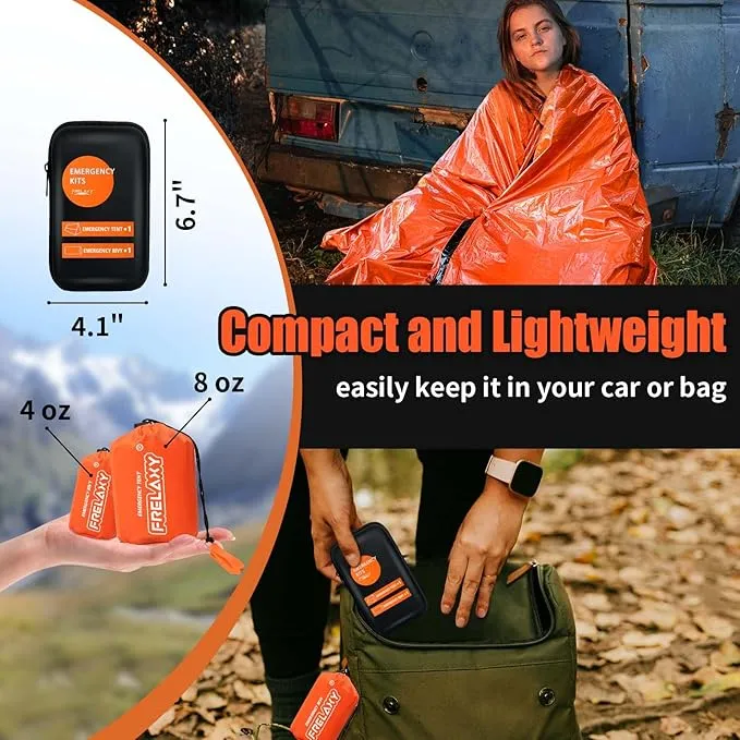 Frelaxy Emergency Tent Emergency Sleeping Bag Set, Survival Shelter & Emergency Bivy with Whistles, Paracord, Storage Pouches, and EVA Case, Perfect for Survival Kits
