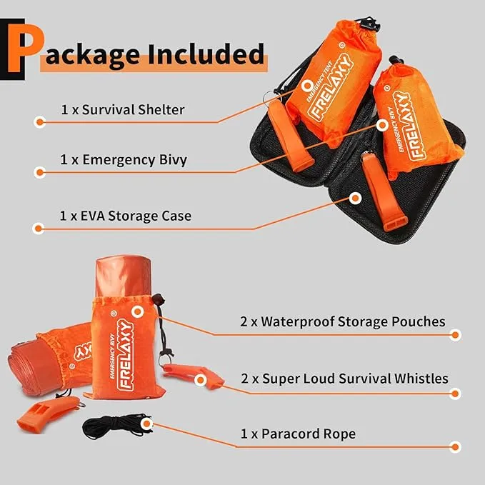 Frelaxy Emergency Tent Emergency Sleeping Bag Set, Survival Shelter & Emergency Bivy with Whistles, Paracord, Storage Pouches, and EVA Case, Perfect for Survival Kits