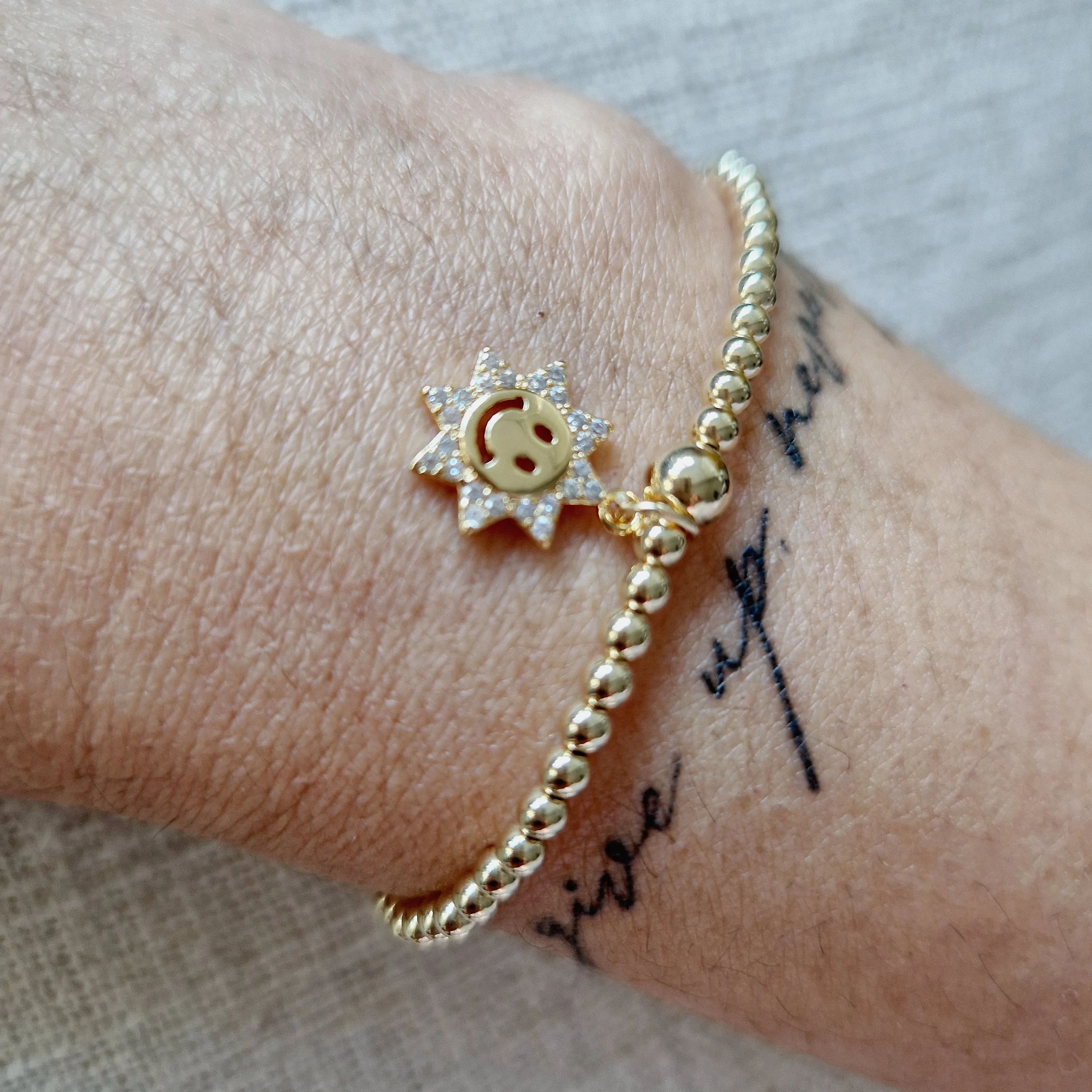 Gold Bobble Bracelet - Gold & Crystal Happy Sun