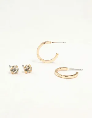Gold Diamante Stud & Plain Hoop Earrings 2-Pack
