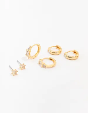 Gold Plated Brass Boho Baguette Earring 3-Pack
