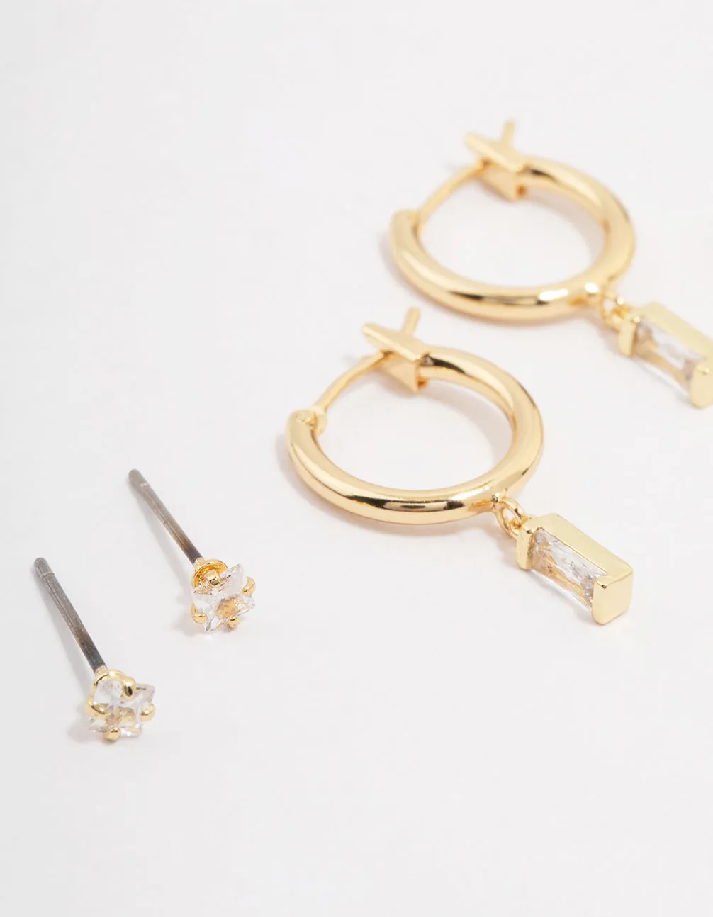 Gold Plated Brass Cubic Zirconia Baguette Hoop Earring 3-Pack