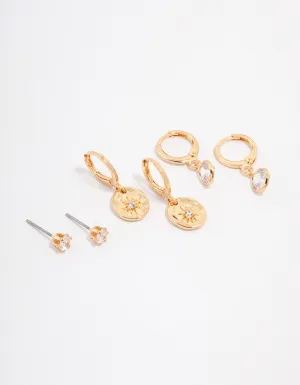 Gold Plated Brass Molten Star Drop Earring 3-Pack