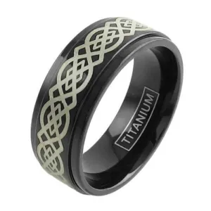 Gorgeous Black Titanium Ring with Engraved Celtic Knot in Gold.