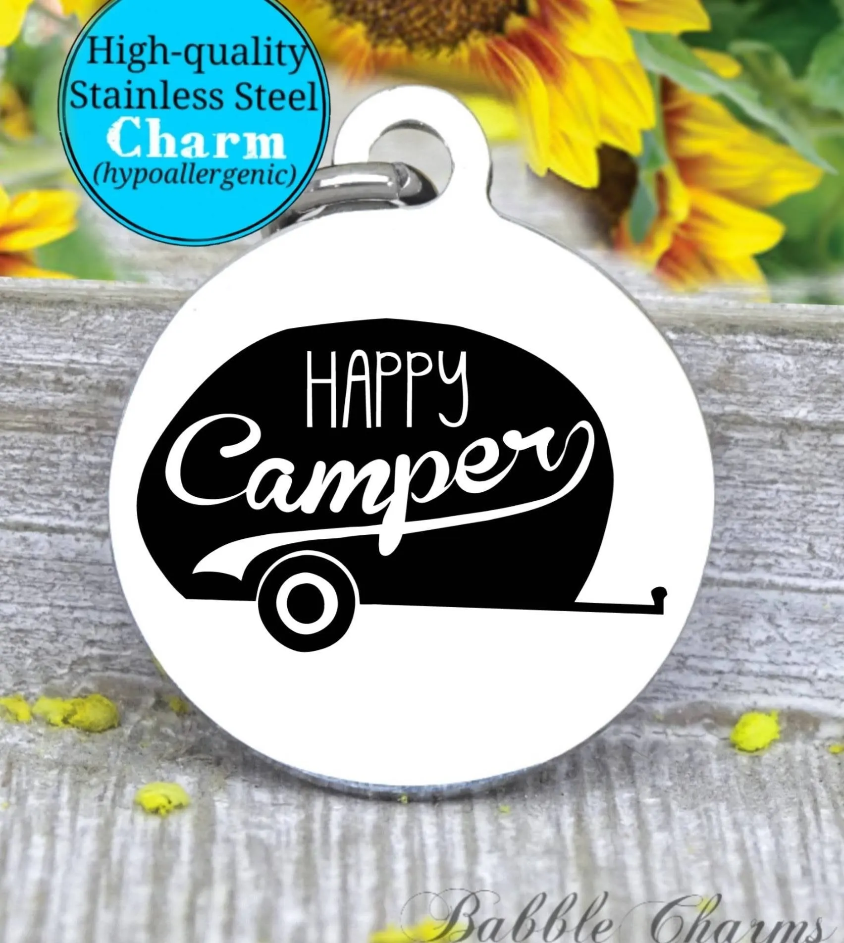 Happy Camper, happy camper charm, Steel charm 20mm very high quality..Perfect for DIY projects