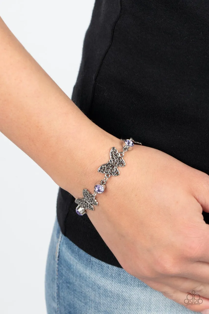 Has a WING to It - Purple - Filigree Butterfly Rhinestone Paparazzi Lobster Claw Bracelet