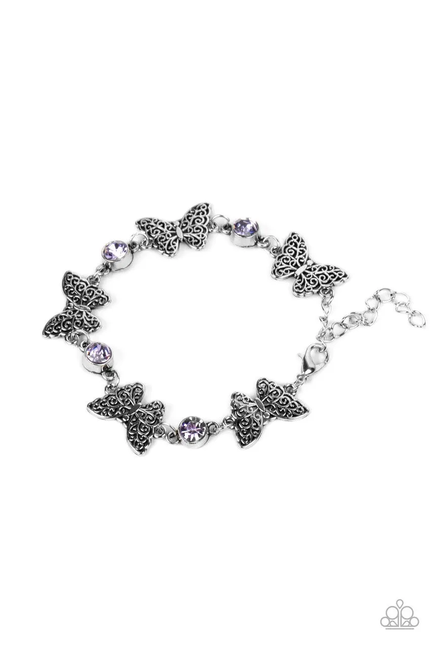 Has a WING to It - Purple - Filigree Butterfly Rhinestone Paparazzi Lobster Claw Bracelet