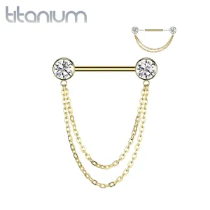 Implant Grade Titanium Gold PVD White CZ Bezel Chain Dangle Threadless Push In Straight Barbell Nipple Ring