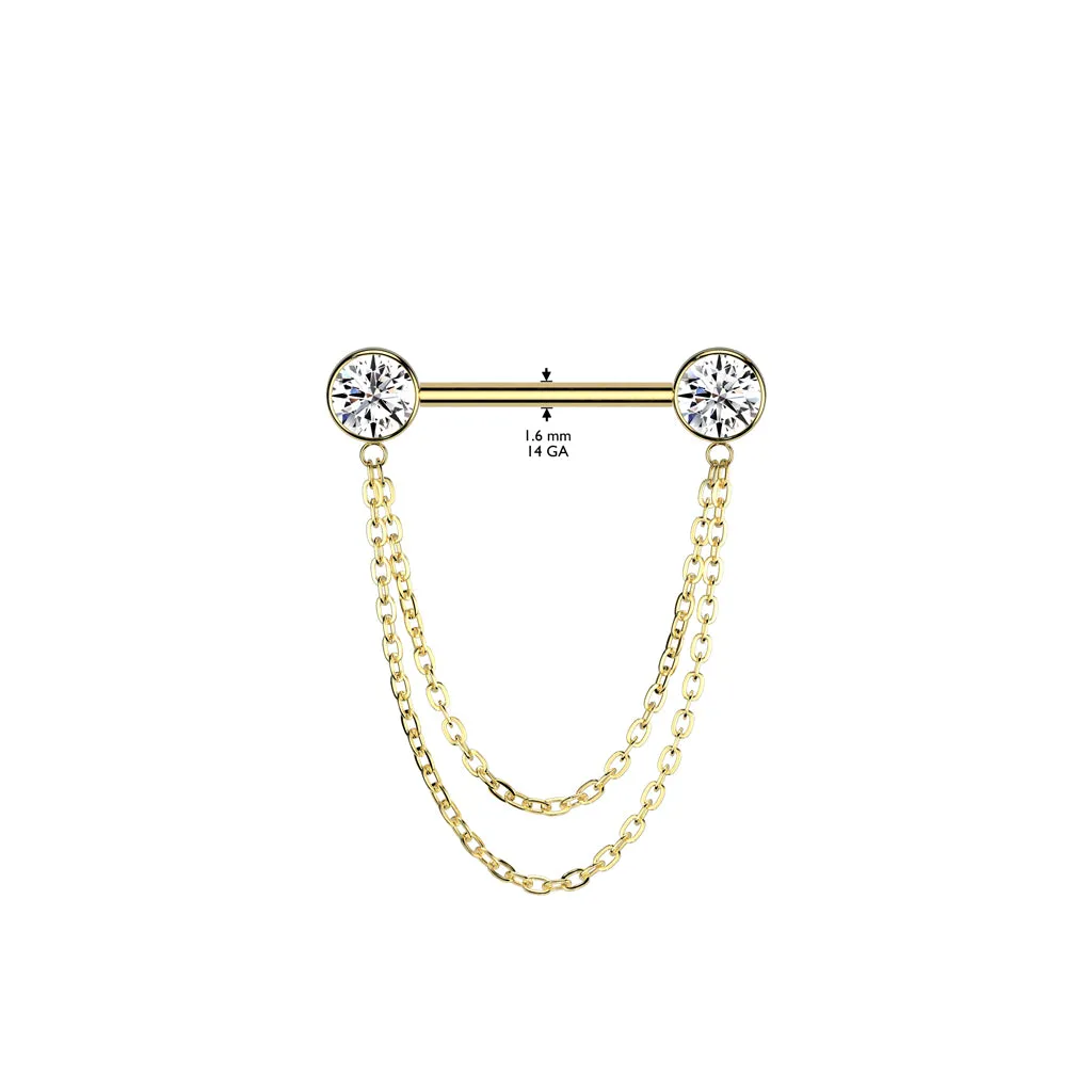 Implant Grade Titanium Gold PVD White CZ Bezel Chain Dangle Threadless Push In Straight Barbell Nipple Ring