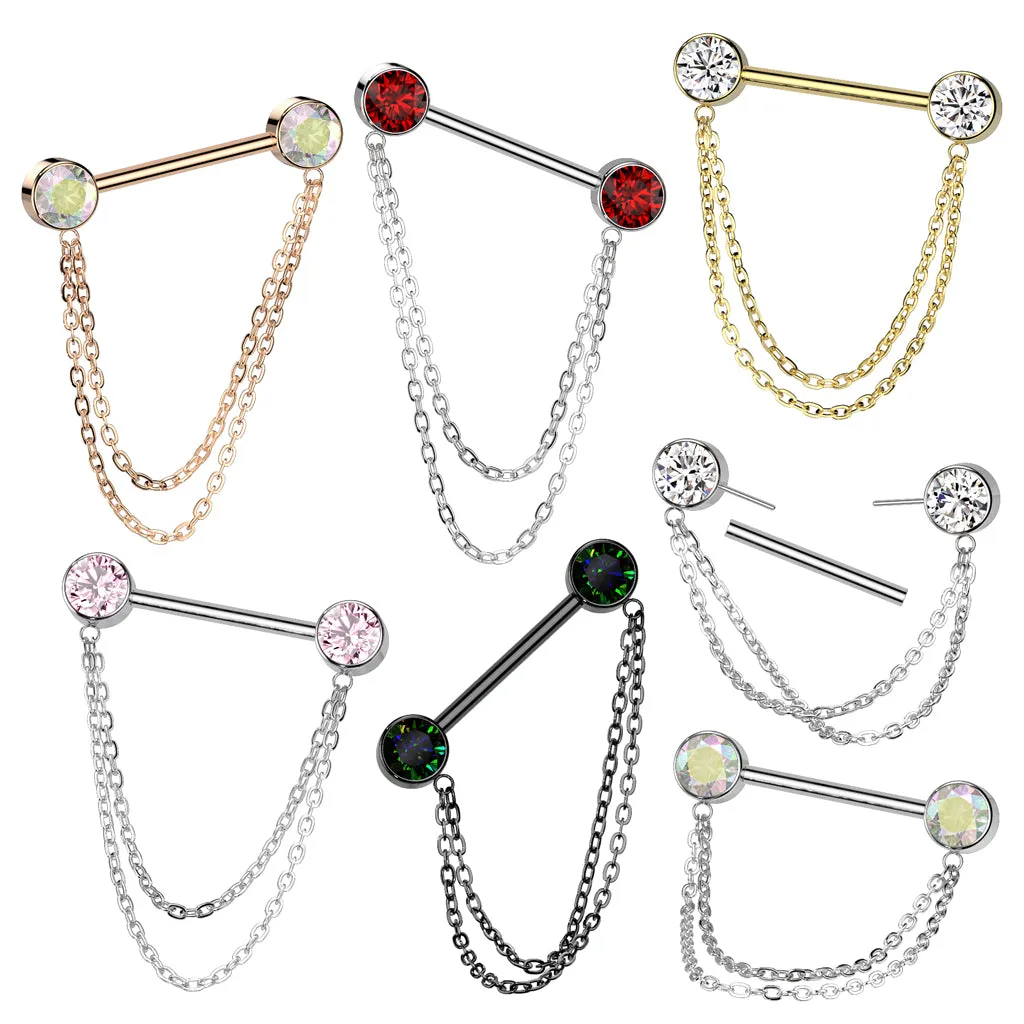 Implant Grade Titanium Gold PVD White CZ Bezel Chain Dangle Threadless Push In Straight Barbell Nipple Ring