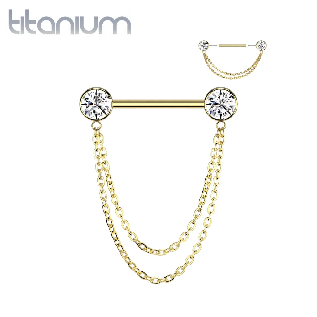 Implant Grade Titanium Gold PVD White CZ Bezel Chain Dangle Threadless Push In Straight Barbell Nipple Ring