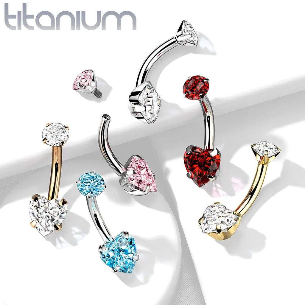 Implant Grade Titanium Internally Threaded Pink Heart CZ Belly Ring