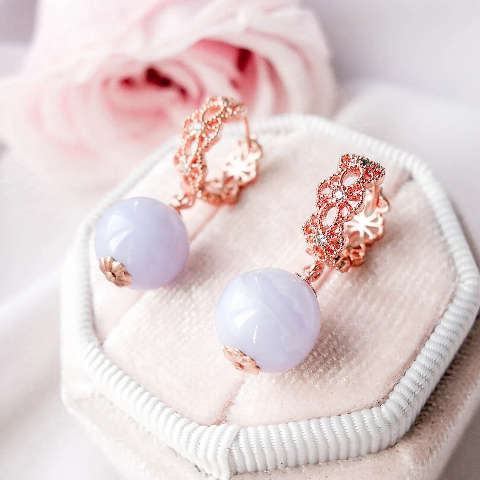 Intricate Ear Hoops with Blue Lace Agate Bead